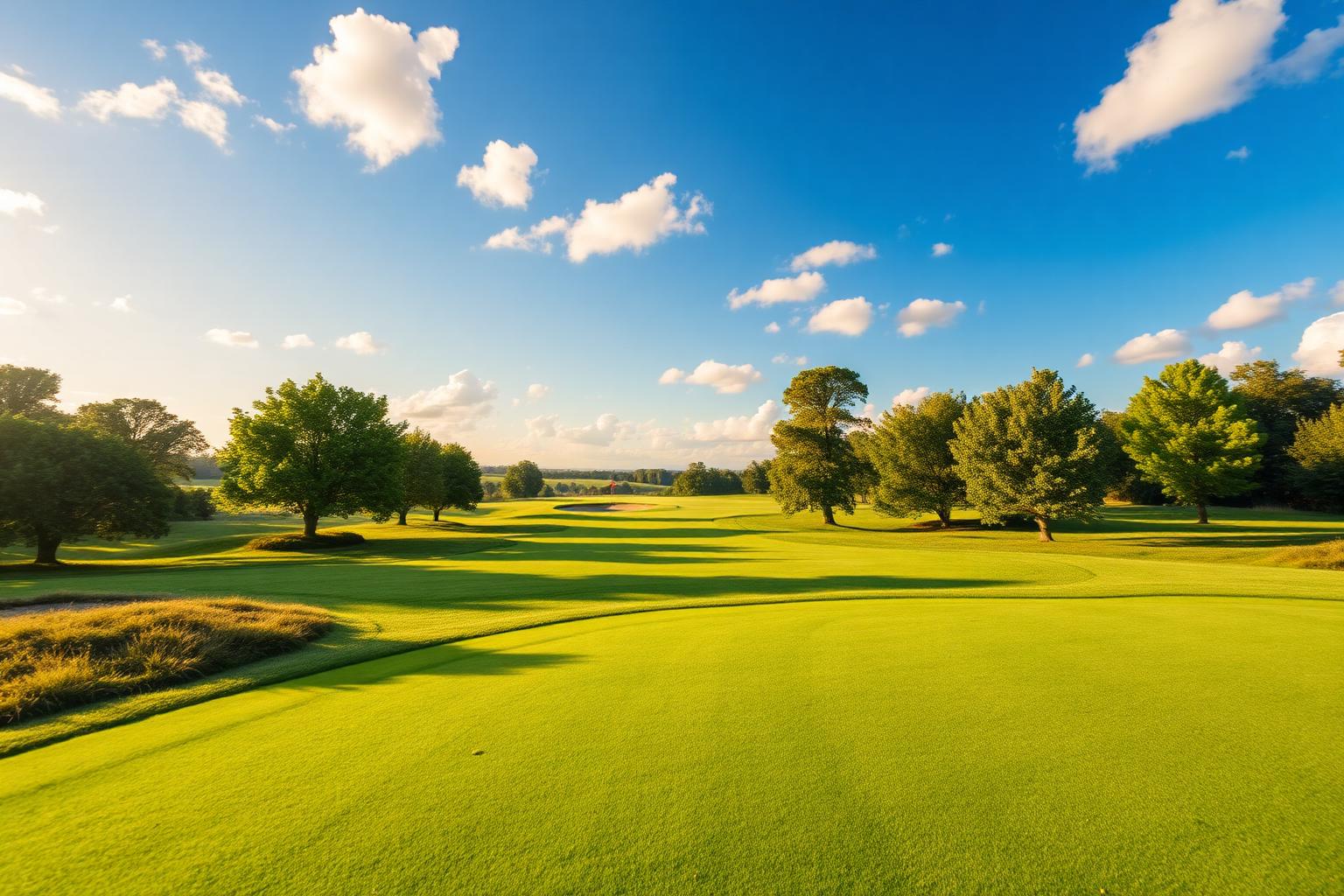 A beautiful sunny fairway of a manicured golf course rolling toward a distant green